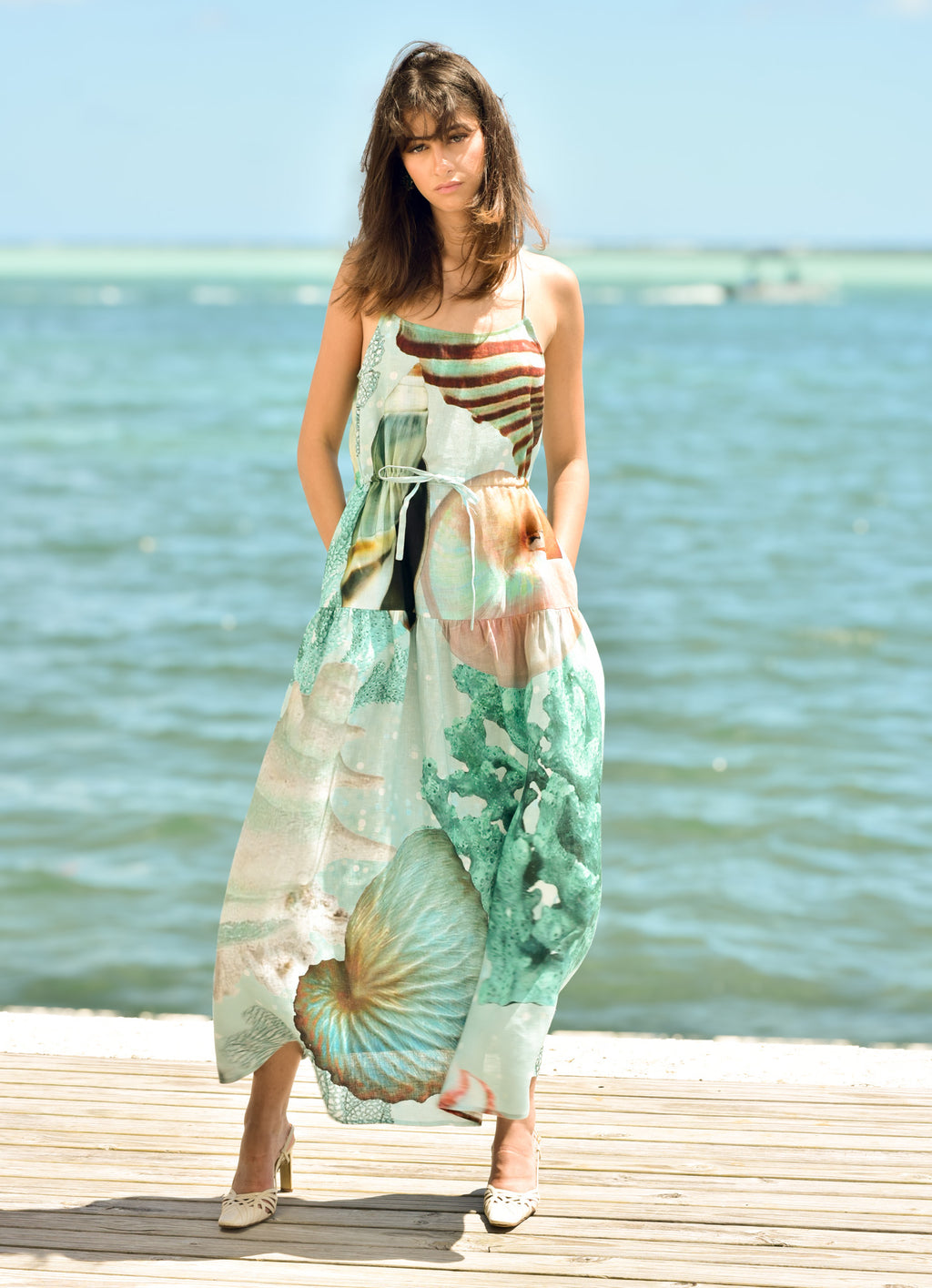 Strappy Seafoam Linen Coral Dress by hols.e