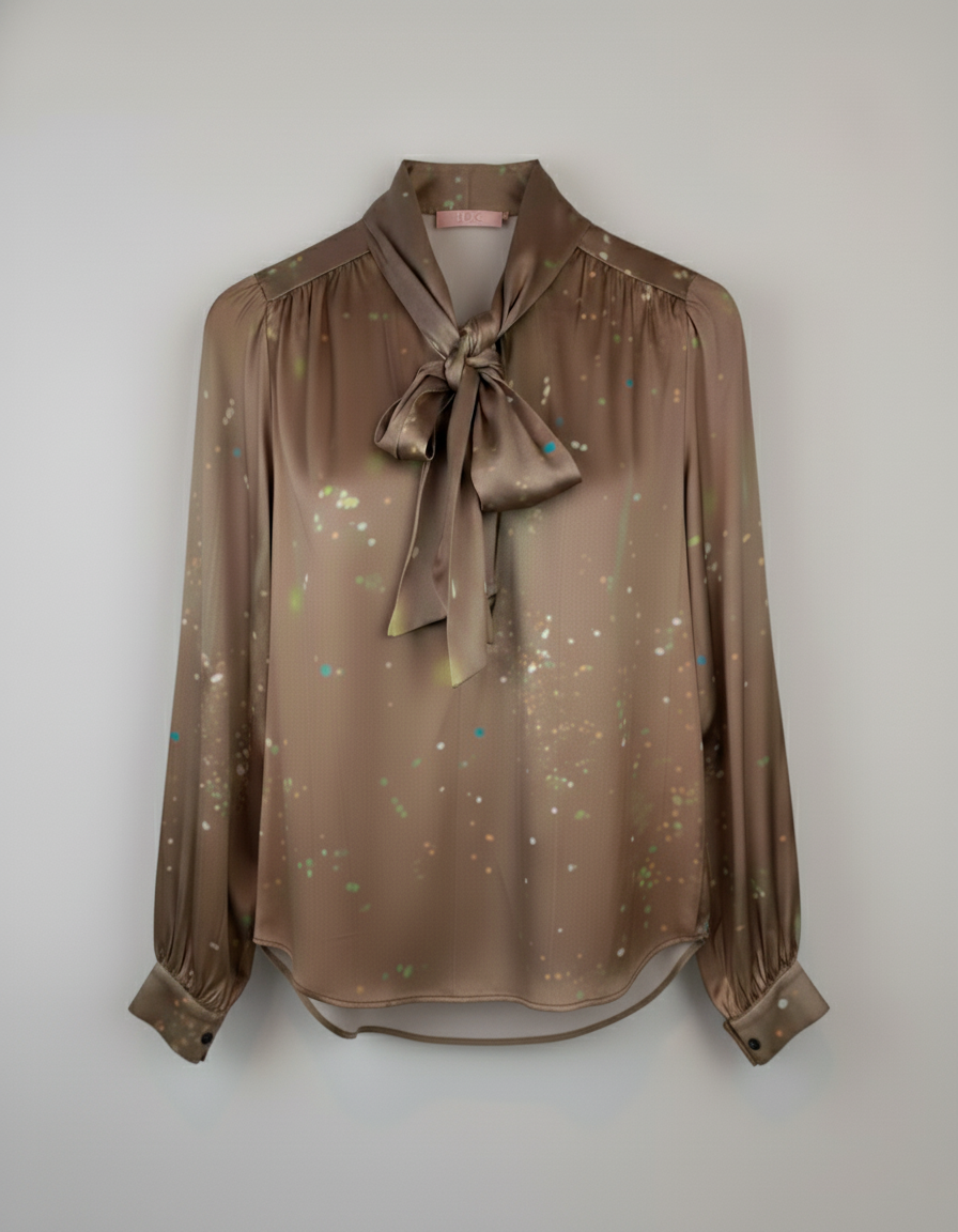 Celebrate Taupe Silk Bow Blouse