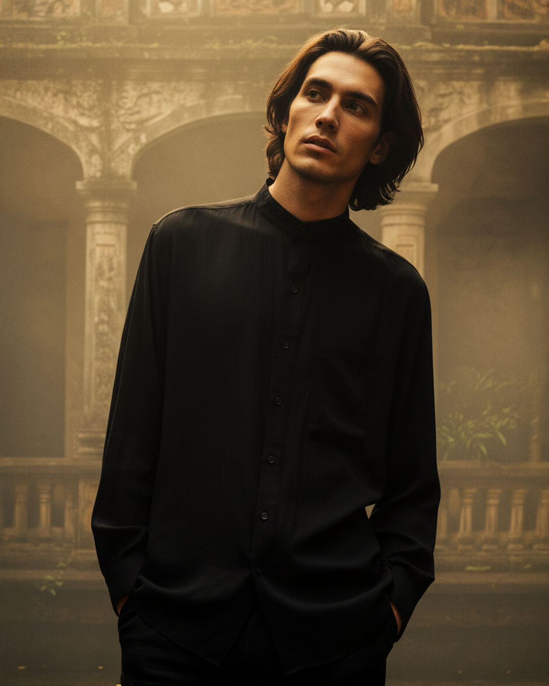 Black Mandarin Collar Shirt