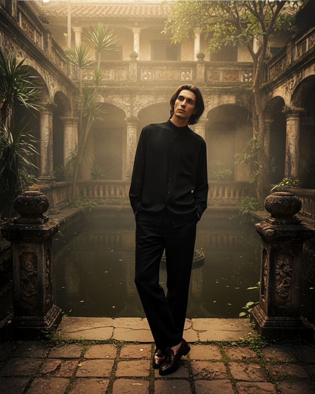 Black Mandarin Collar Shirt