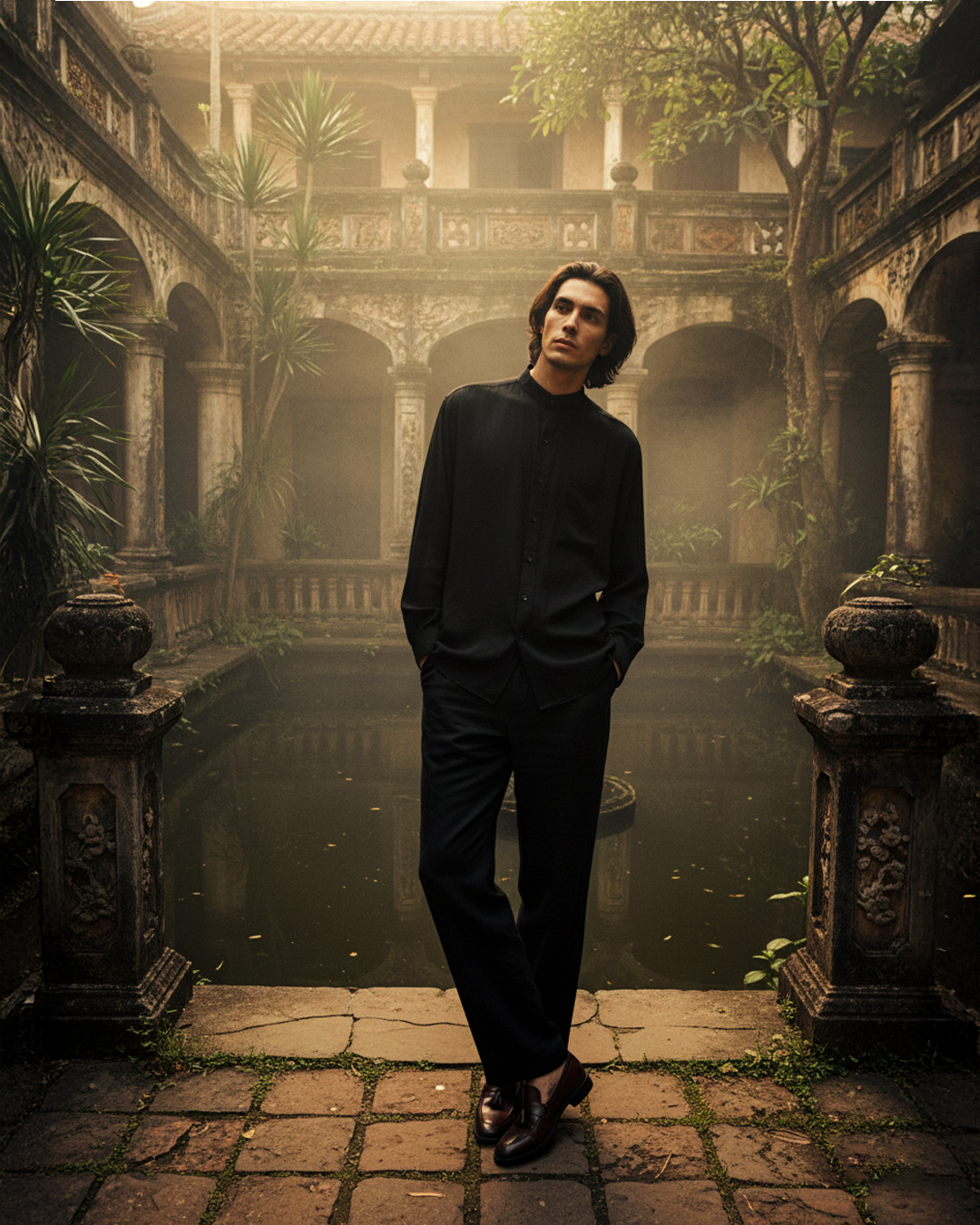 Black Mandarin Collar Shirt