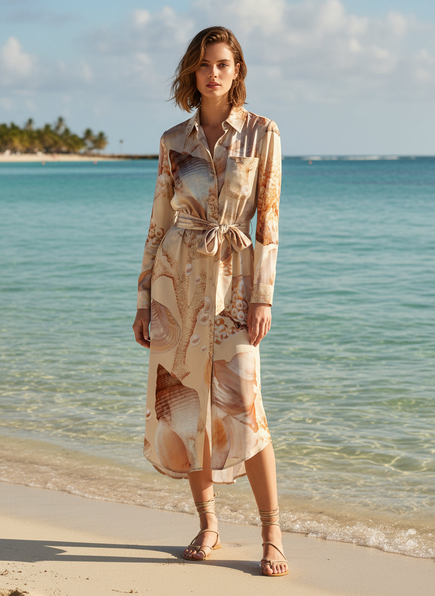 Ivory Coral Silk Shirt Dress